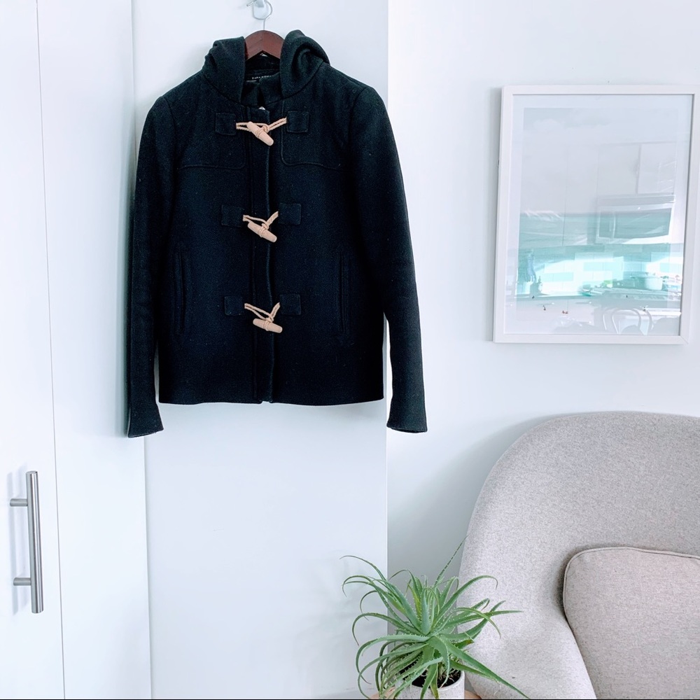 Zara | Hooded navy pea coat with toggles & zipper
